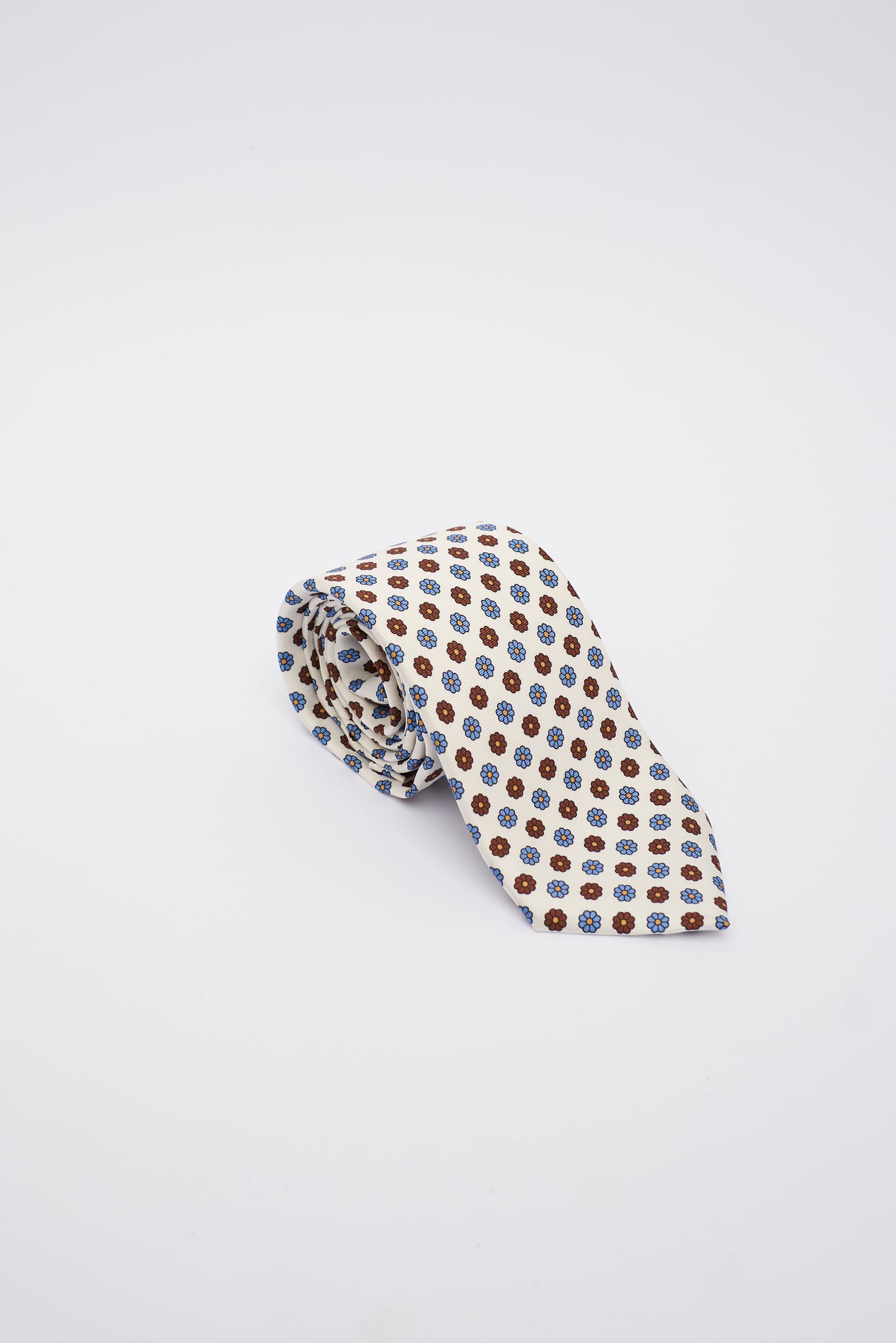 White Silk Tie with Large Light Blue and Brown Flowers