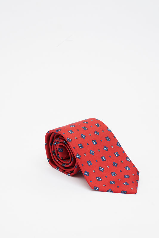 Cravatta in Seta Rossa con Motivo a Fiori Geometrici