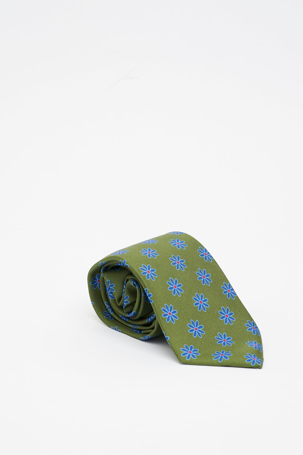 Cravatta in Seta Verde con Motivo a Fiori Blu