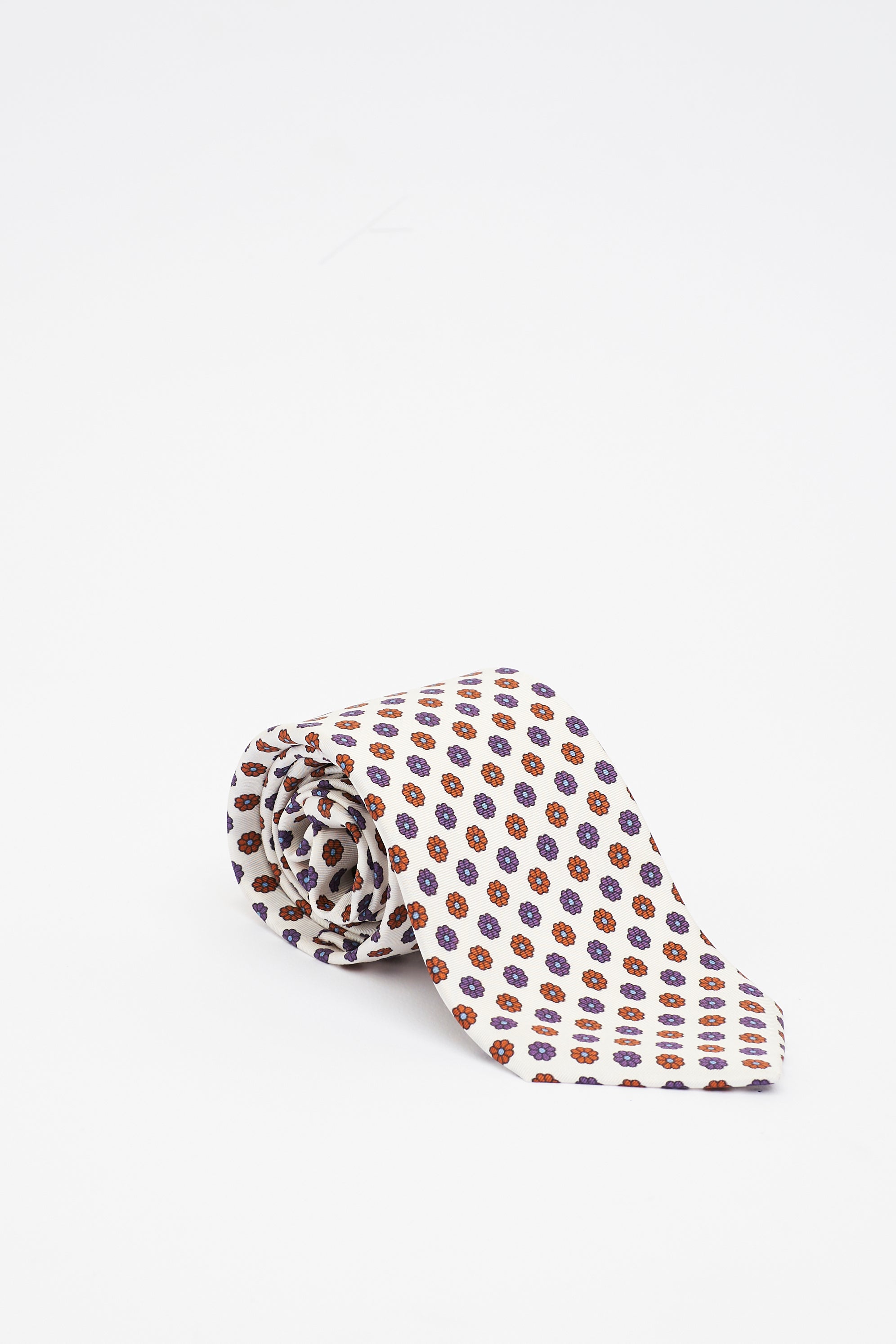 Cravatta in Seta Bianca con Motivo a fiori Geometrici