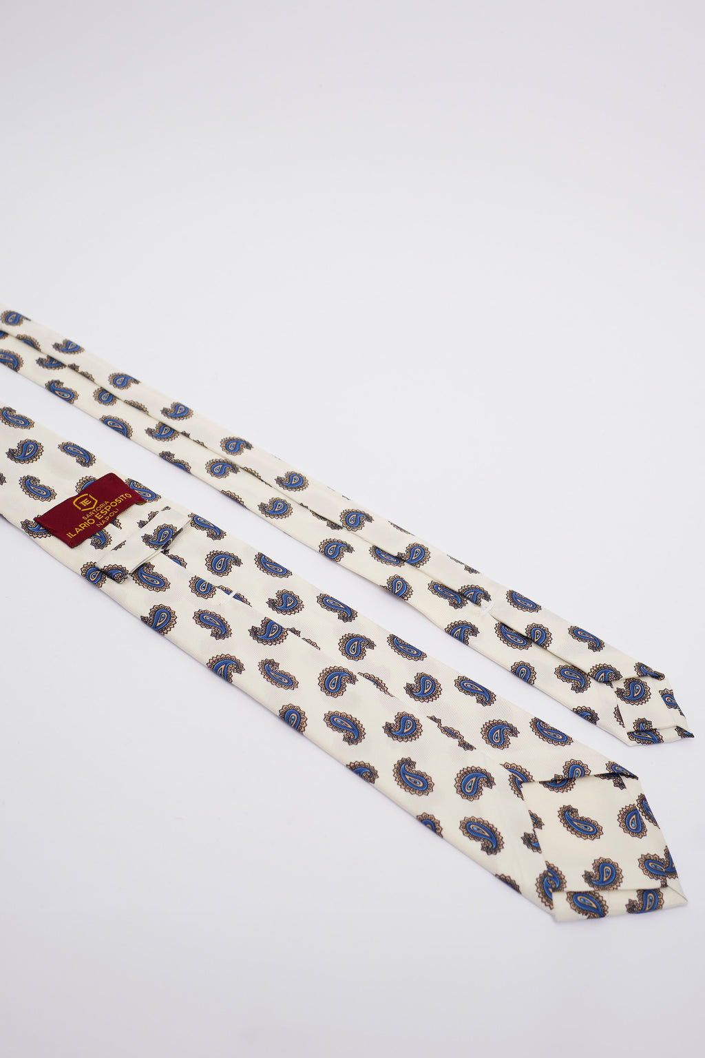 Cravatta in Seta Bianca con Disegno Panna e Celestino