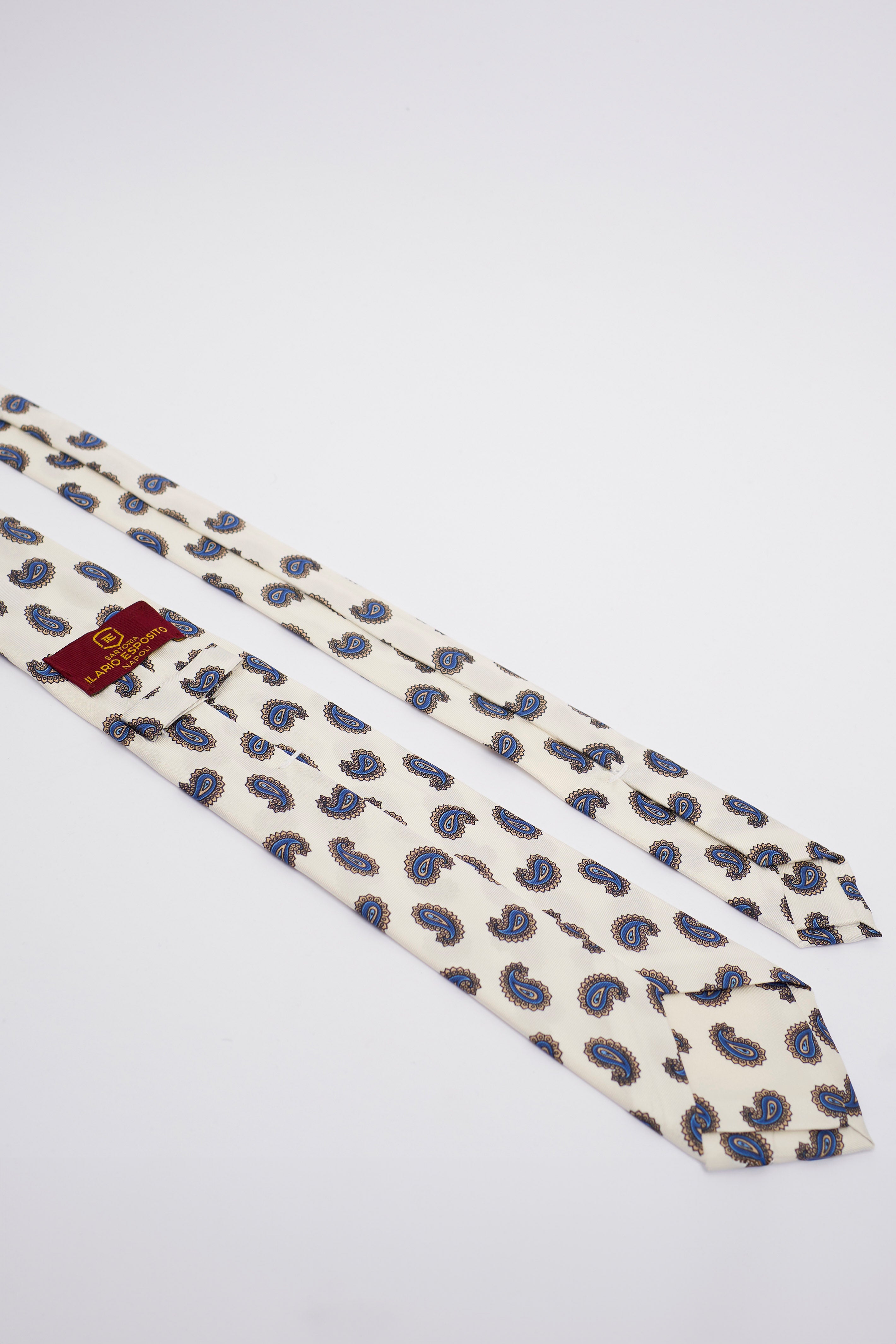 Cravatta in Seta Bianca con Disegno Panna e Celestino