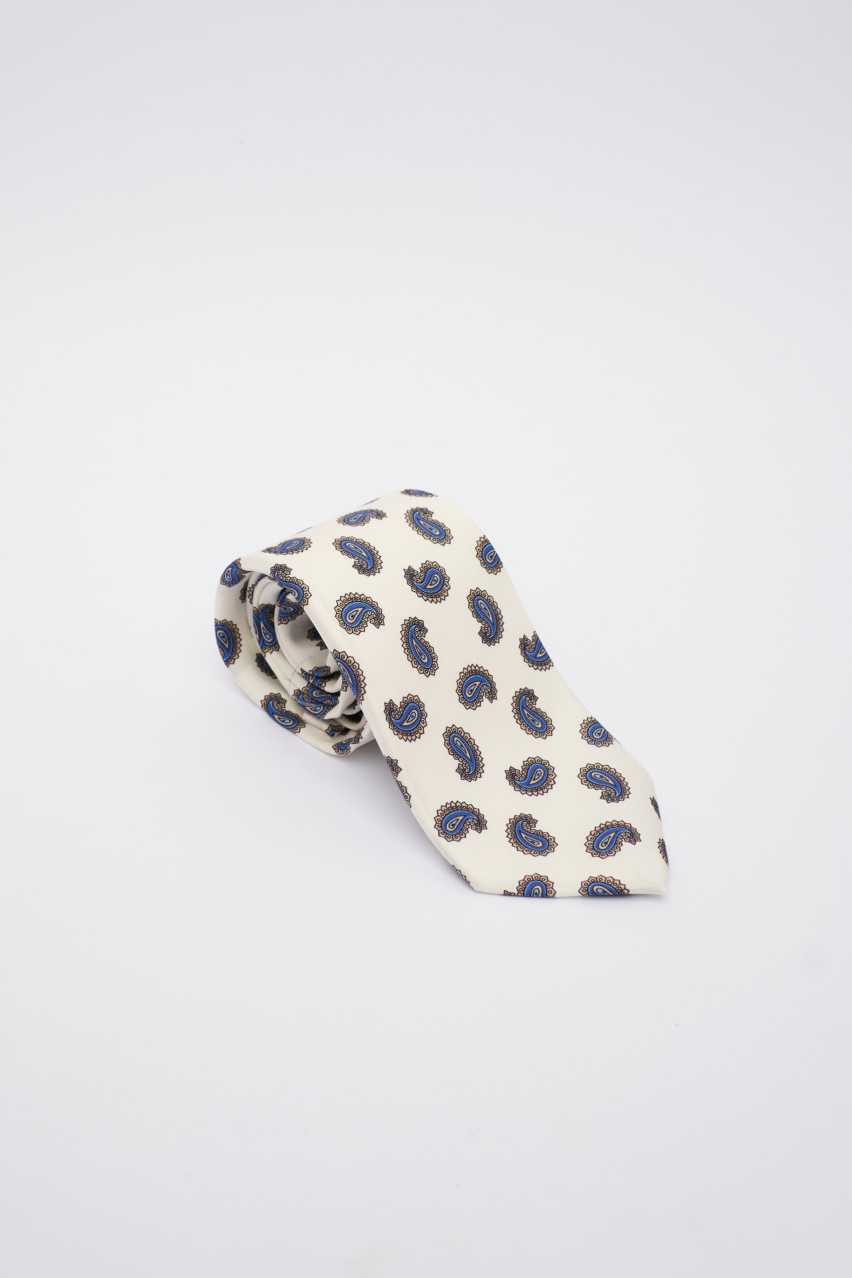 Cravatta in Seta Bianca con Disegno Panna e Celestino