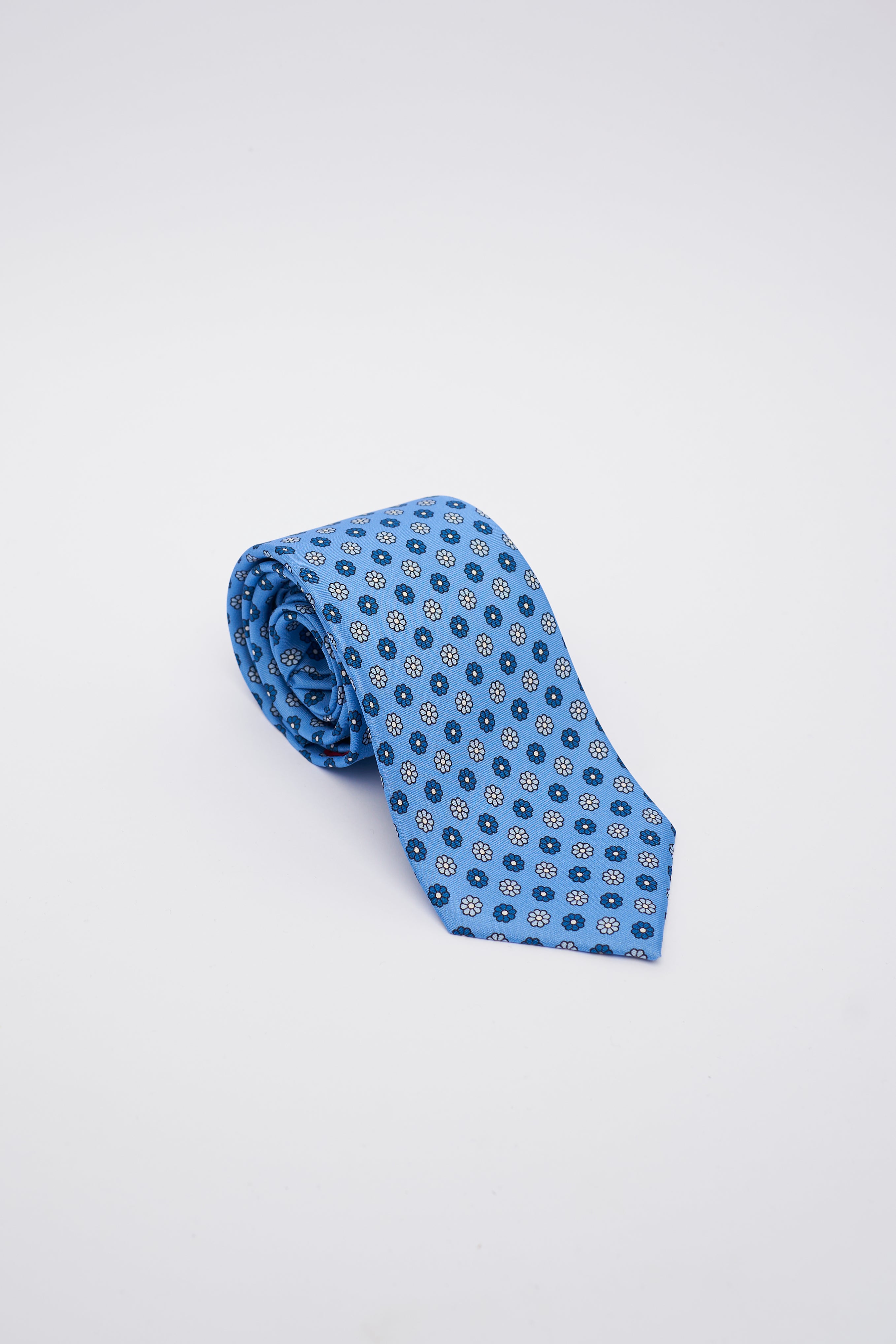 Cravatta in Seta Celeste con Fiori Azzurri e Bianchi