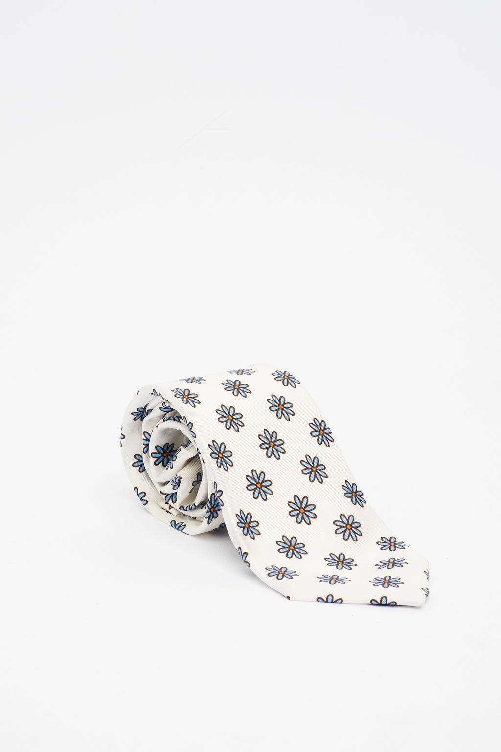 Cravatta in Seta Panna con Motivo a Fiori Azzurri