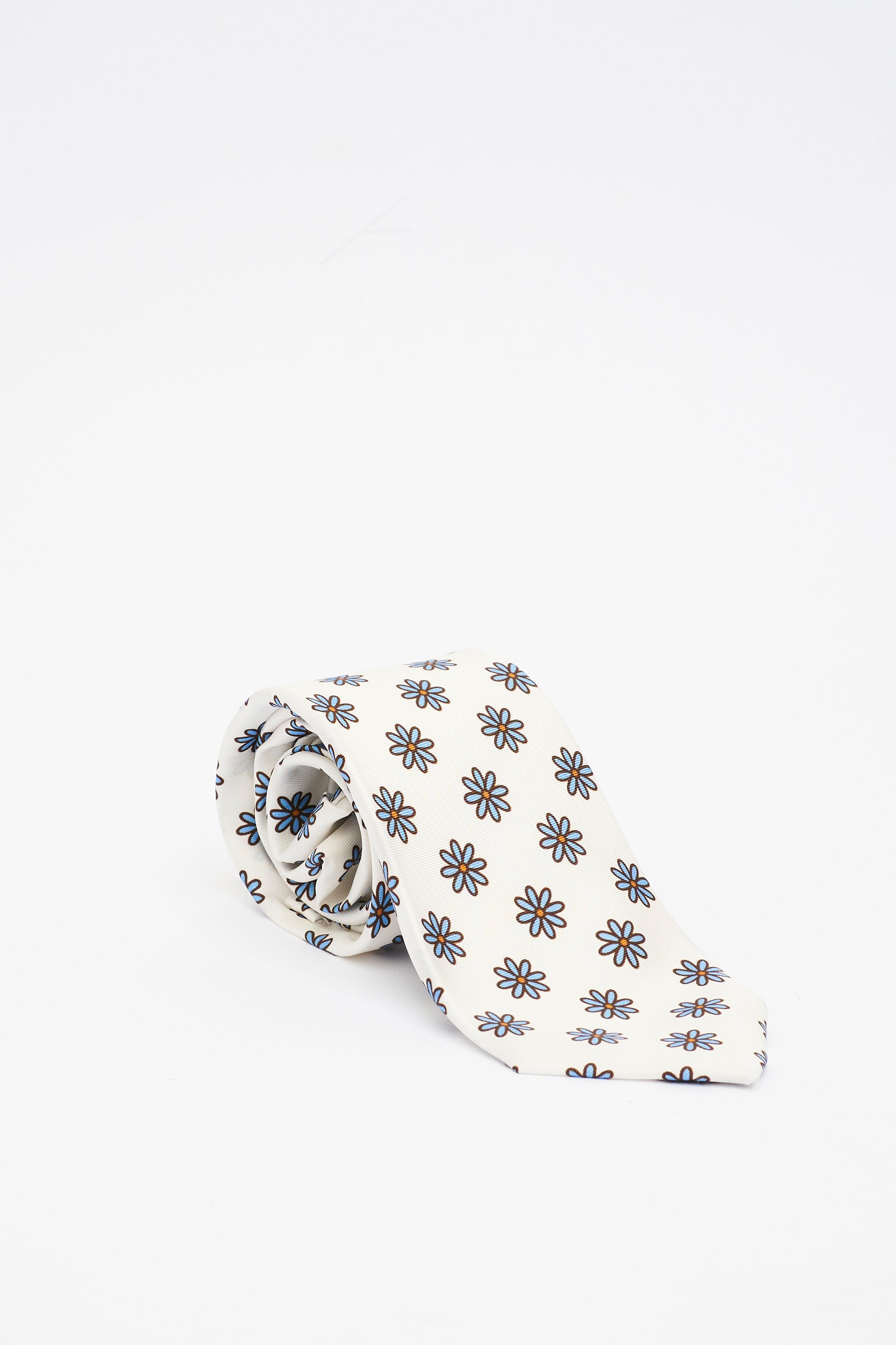 Cravatta in Seta Panna con Motivo a Fiori Azzurri