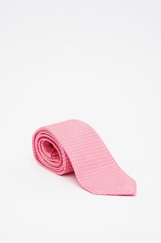 Cravatta in Seta Rosa con Motivo a Pois Bianche