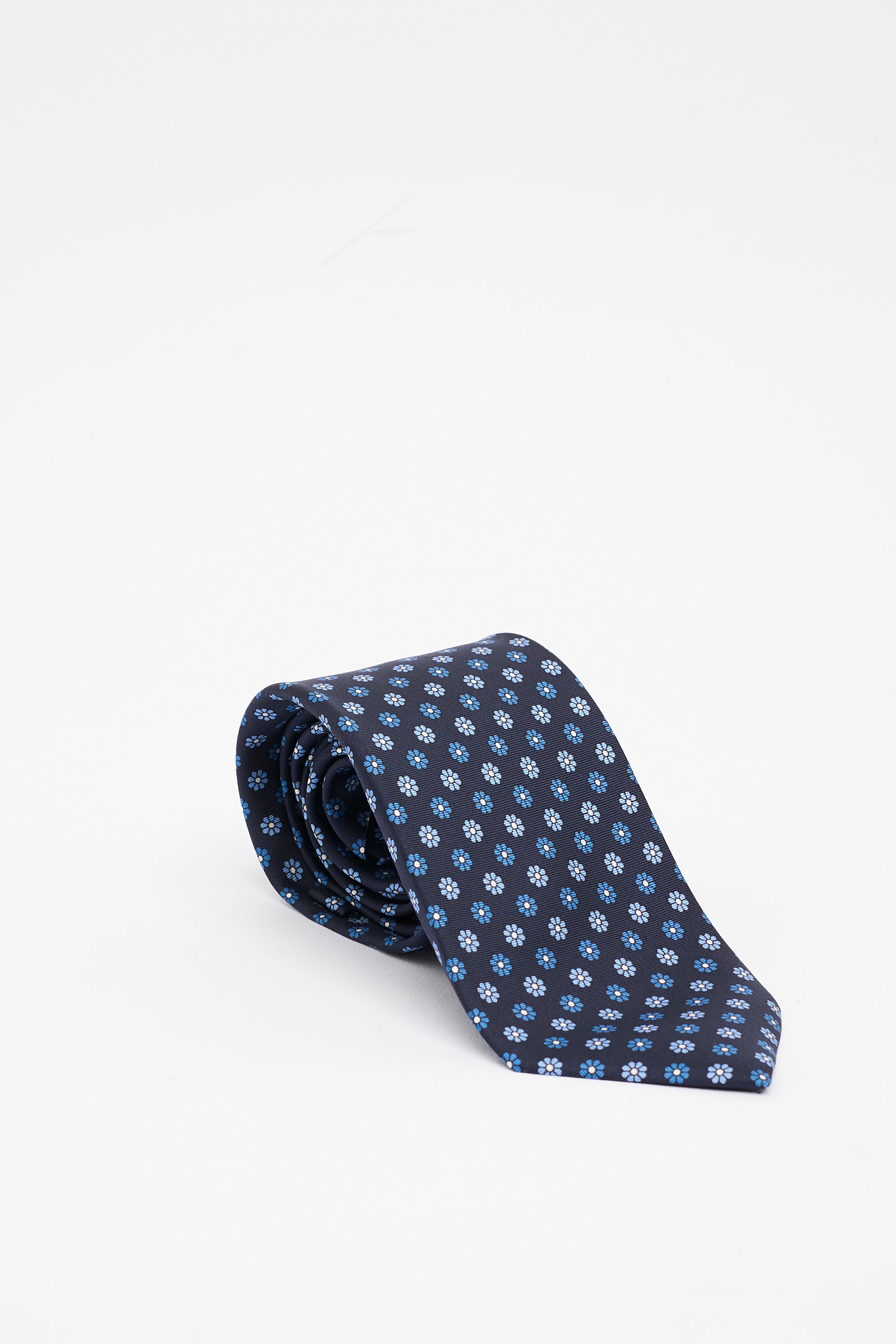 Cravatta in Seta Blu con Motivo a Fiori