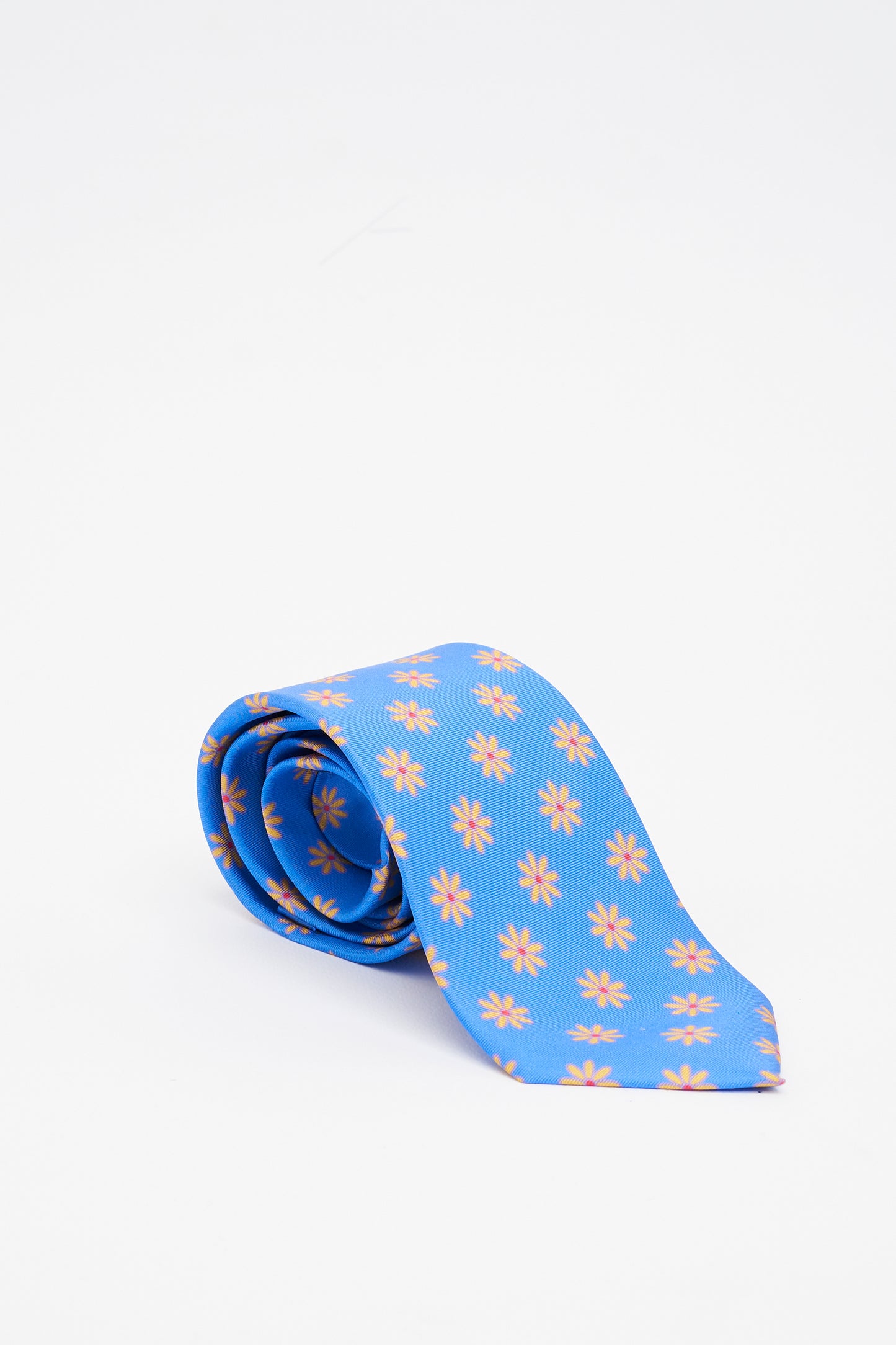 Cravatta in Seta Azzurra con Motivo a Fiori Gialli
