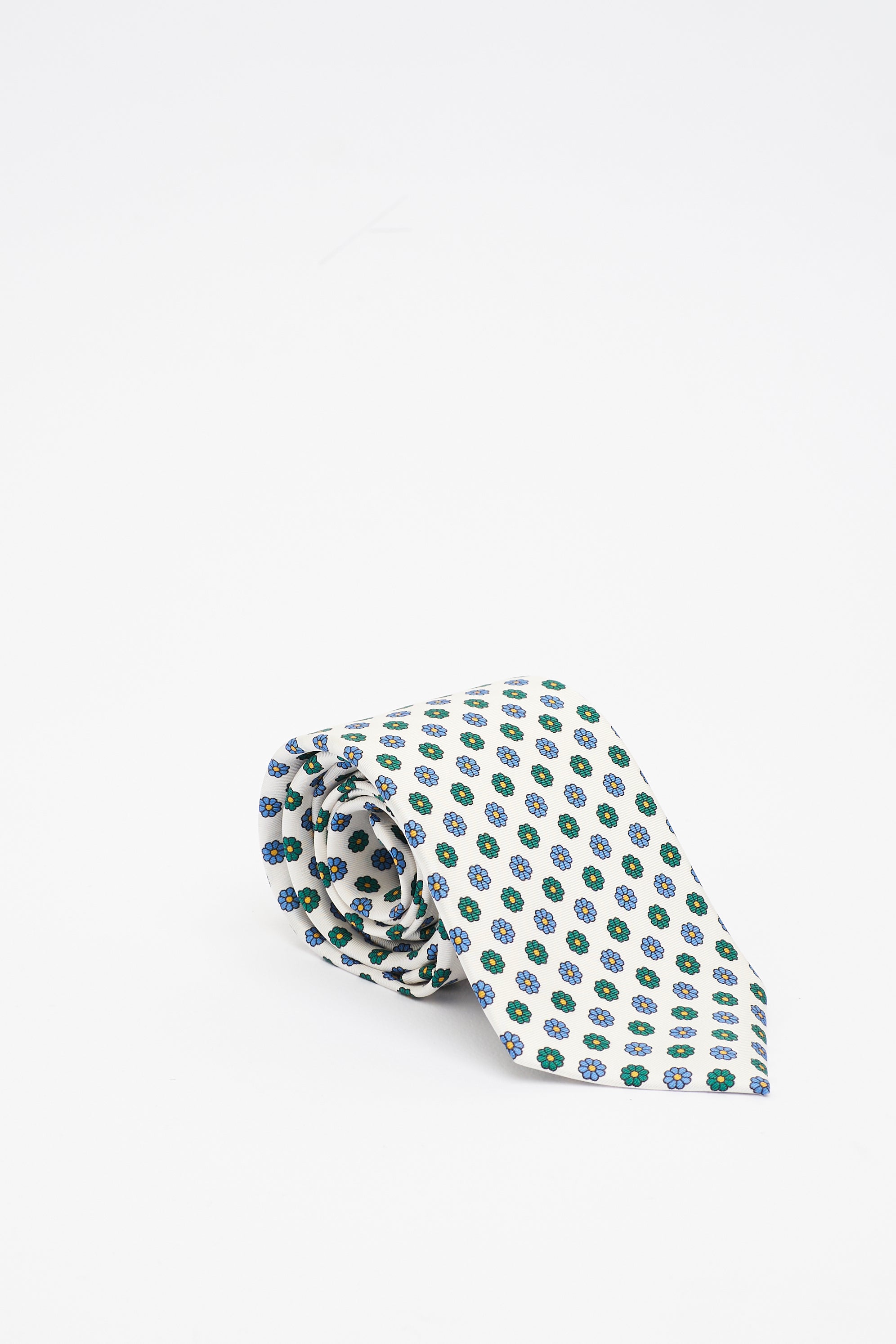 Cravatta in Seta Panna con Motivo a Fiori Geometrici