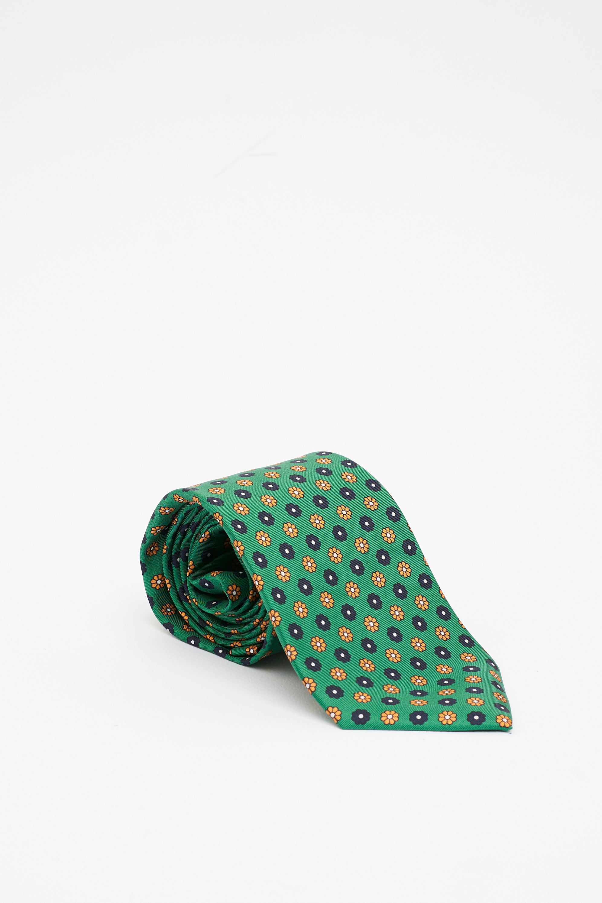 Cravatta in Seta Verde con Motivo a Fiori Piccoli