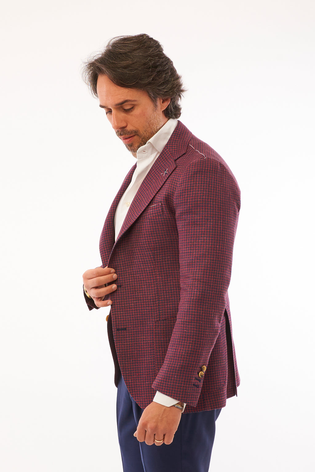 Giacca in Pied de Poule - Fondo Bordeaux e Trama Blu Notte