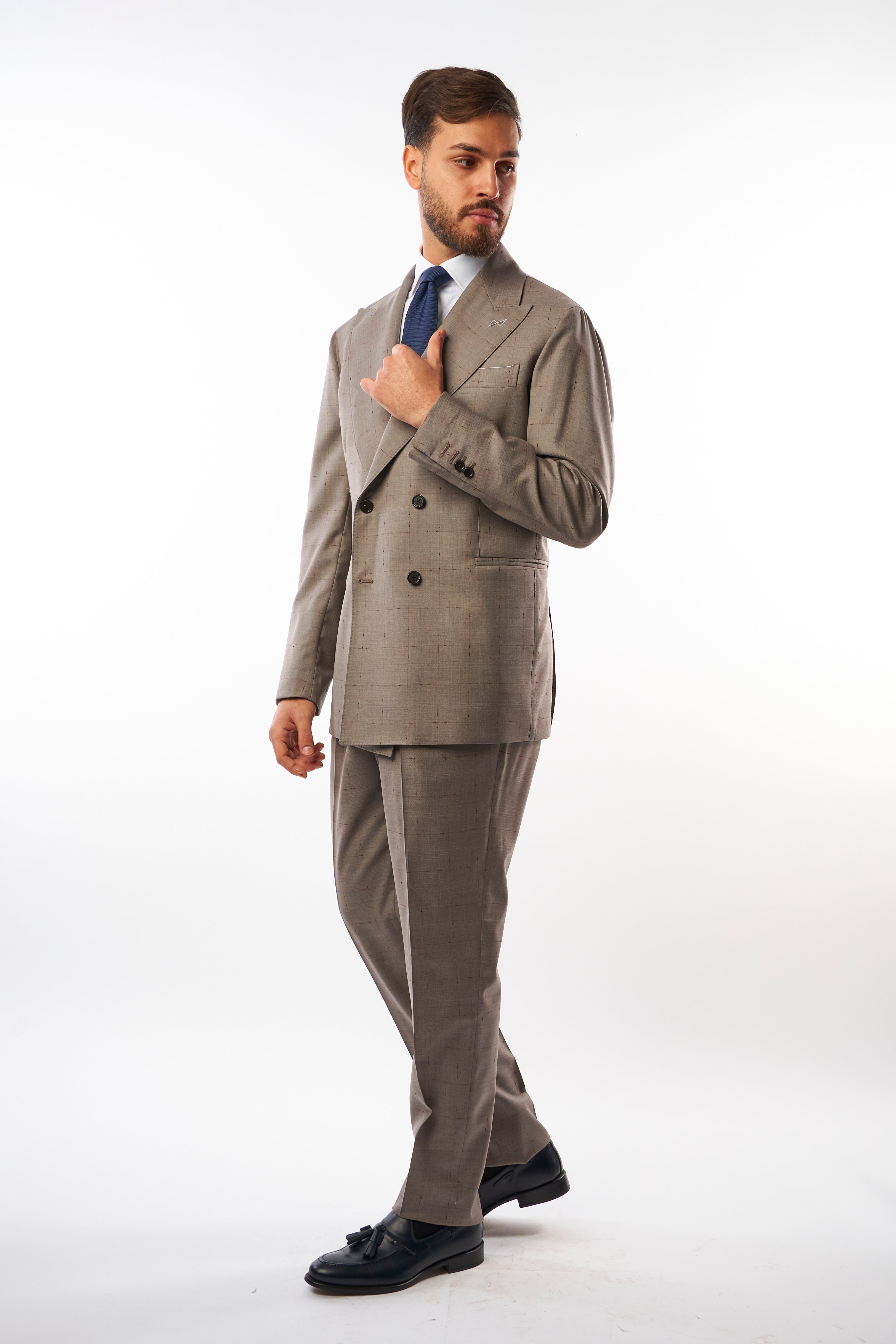 Abito Sorrento Doppiopetto - Grigio Chiaro con Quadri Bordeaux