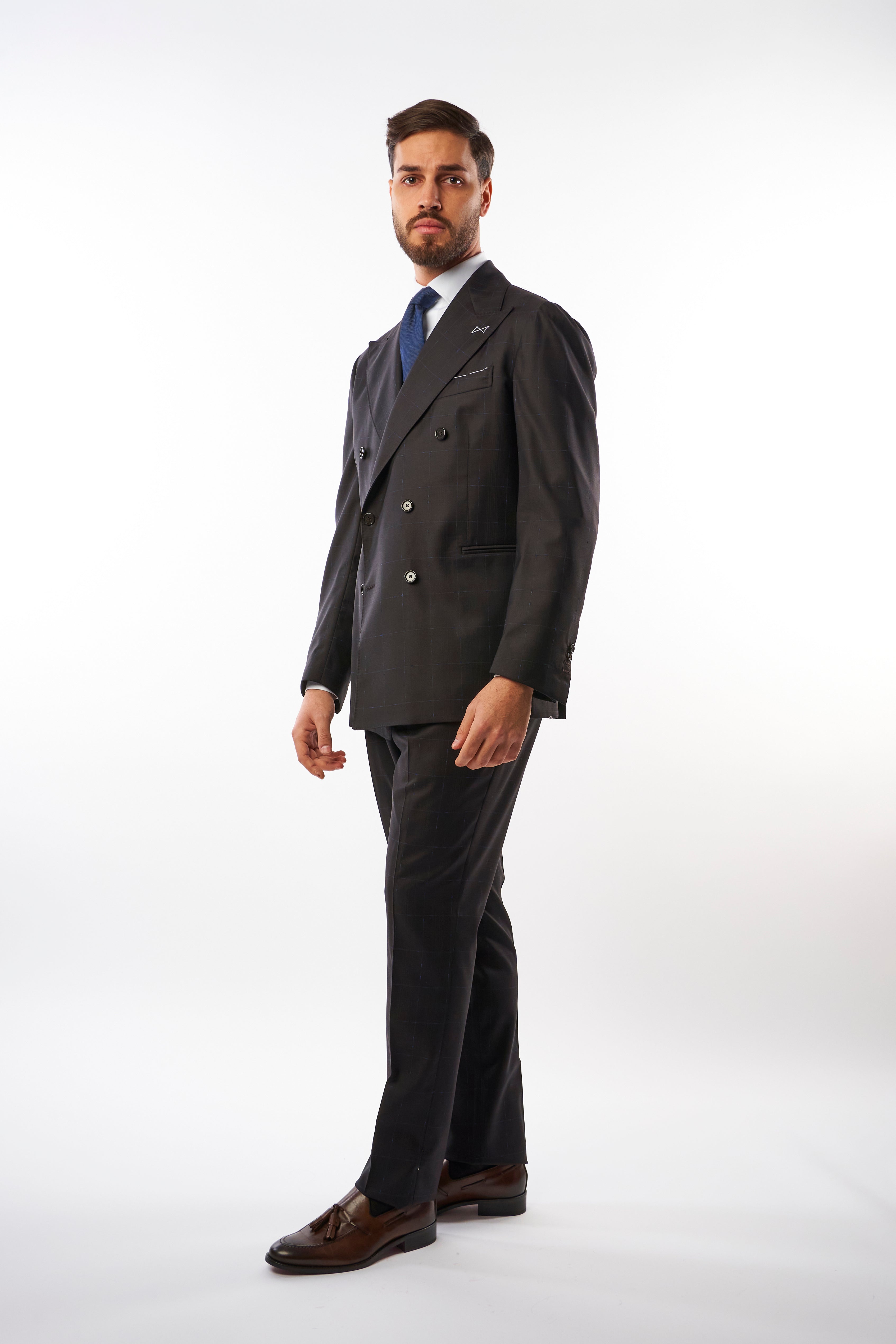 Abito Sorrento Doppiopetto - Testa di Moro con Quadri Blu