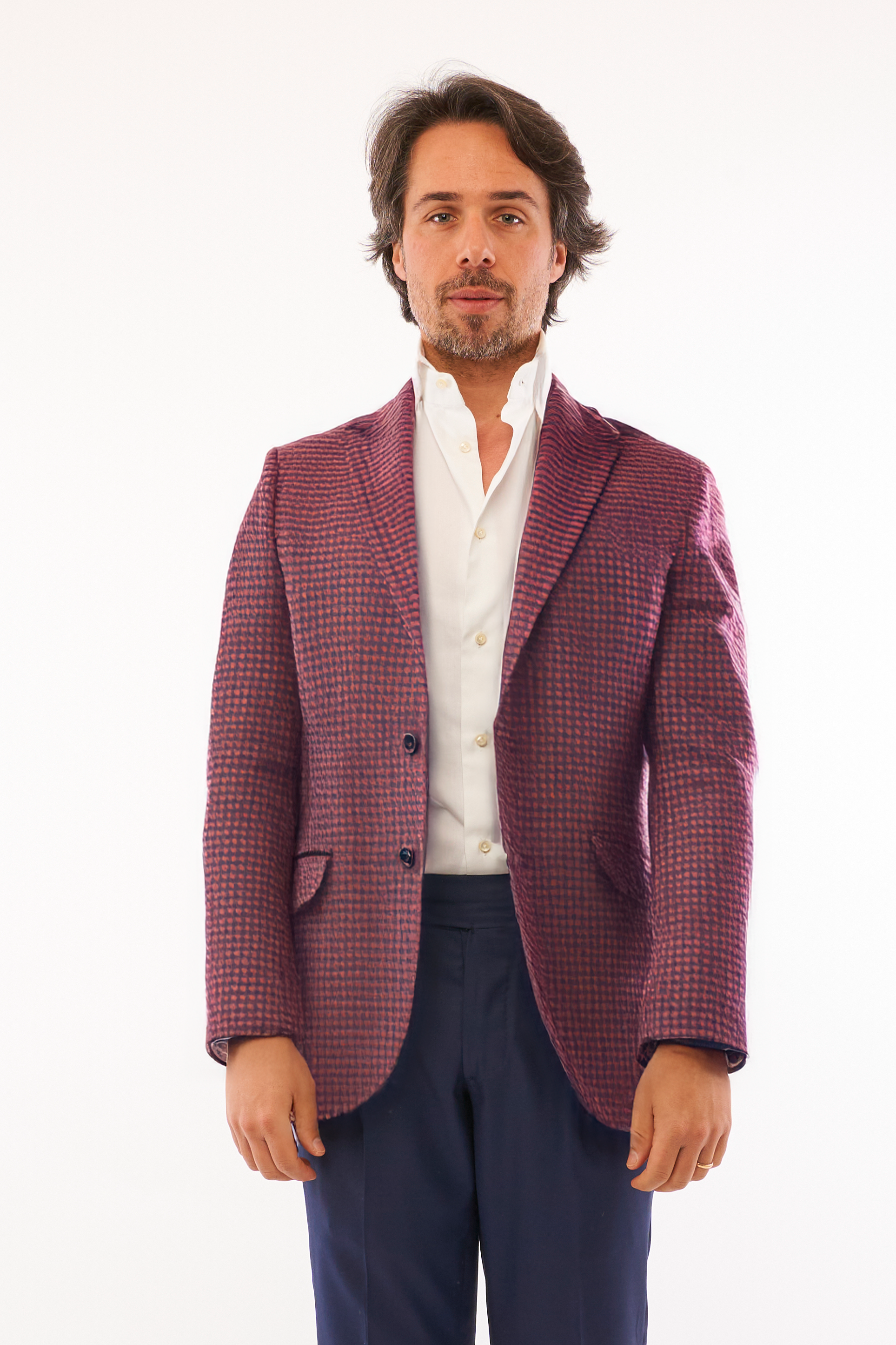 Giacca in Pied de Poule - Fondo Bordeaux e Trama Blu Notte